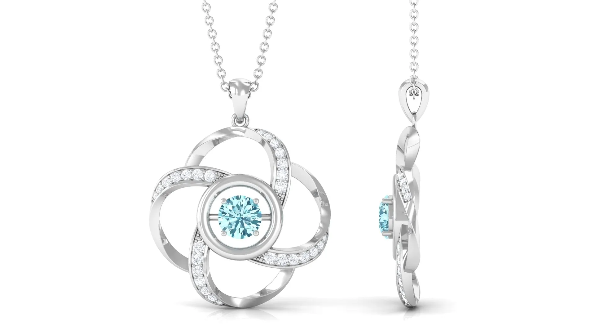 Modern Flower Pendant with Round Aquamarine and Diamond