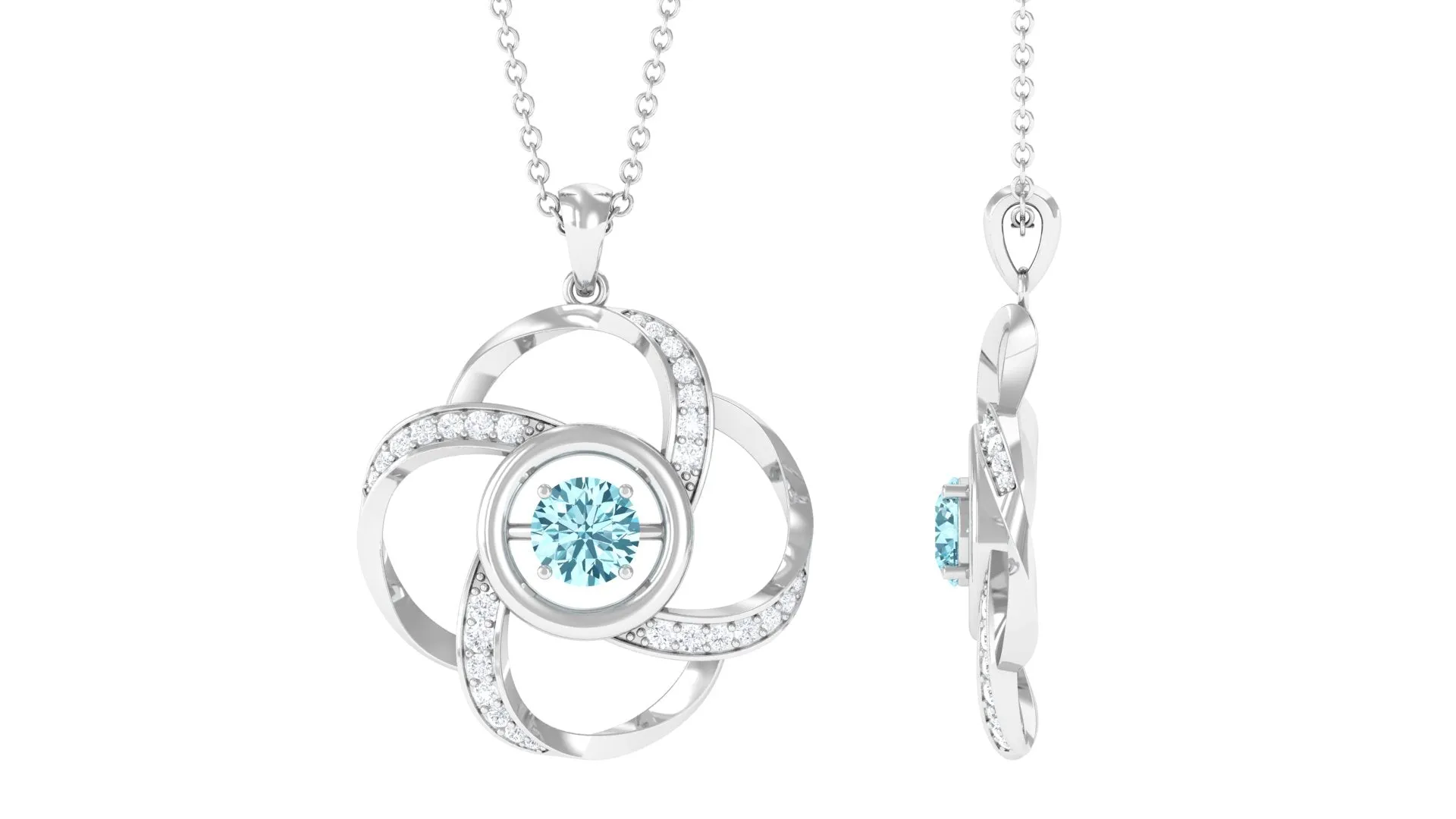 Modern Flower Pendant with Round Aquamarine and Diamond