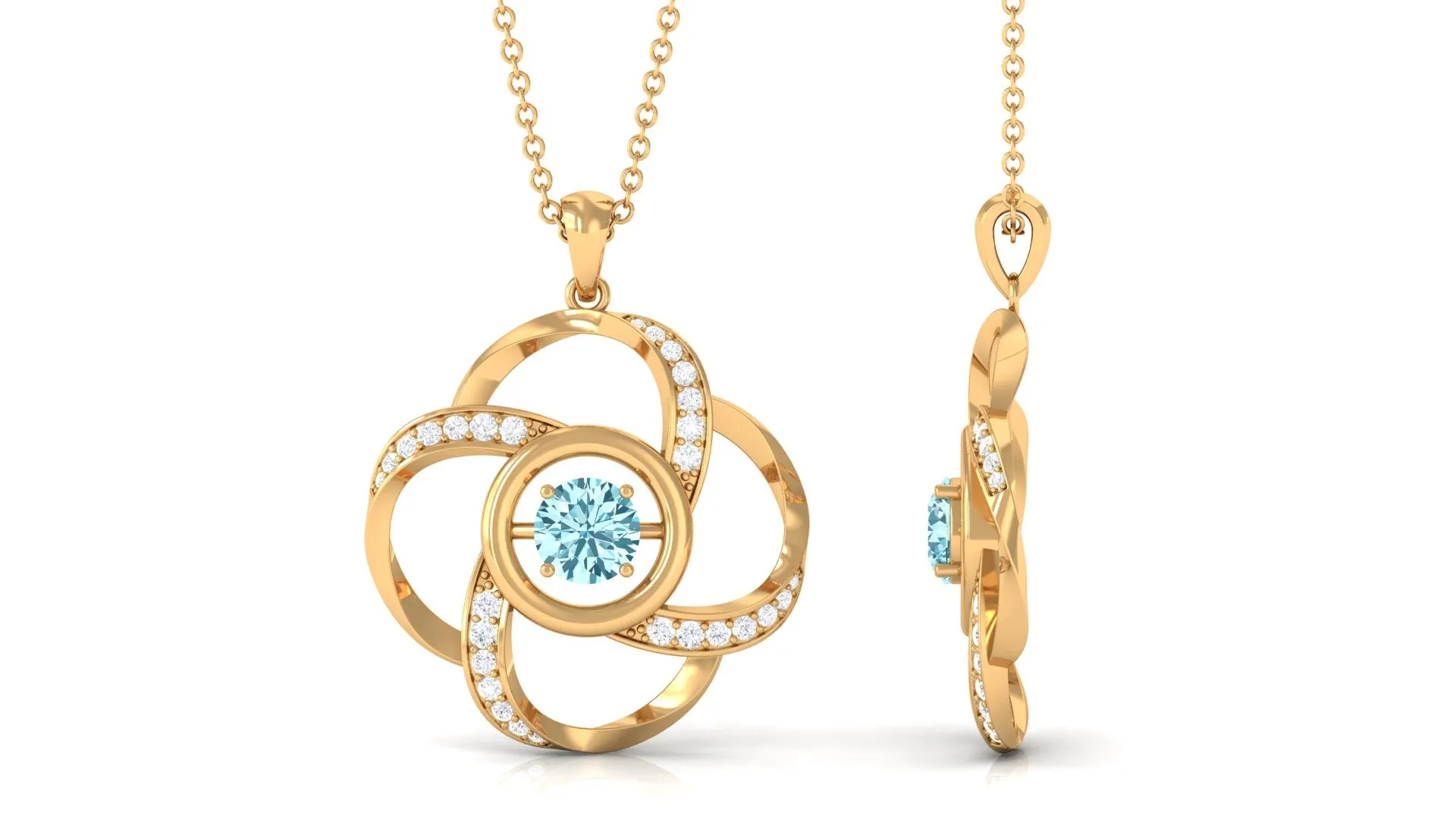 Modern Flower Pendant with Round Aquamarine and Diamond