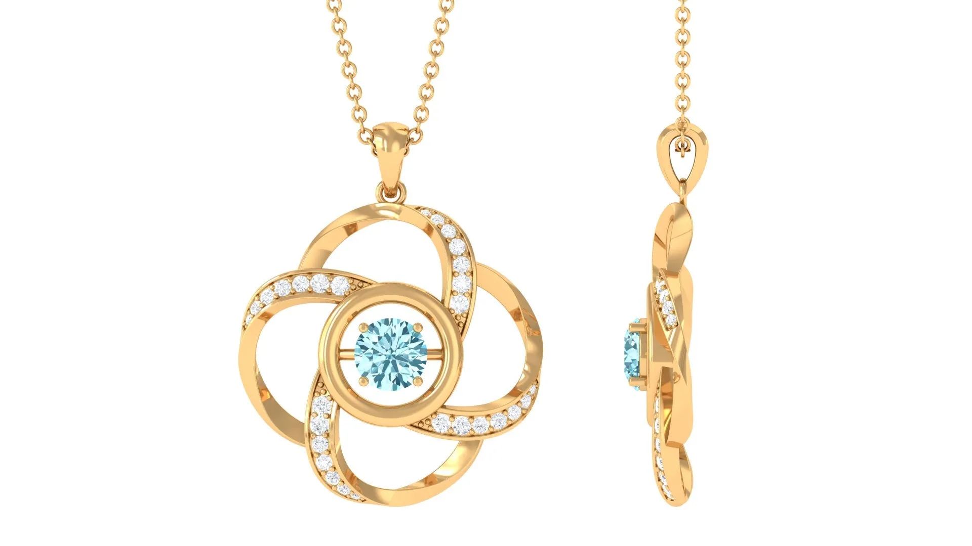 Modern Flower Pendant with Round Aquamarine and Diamond