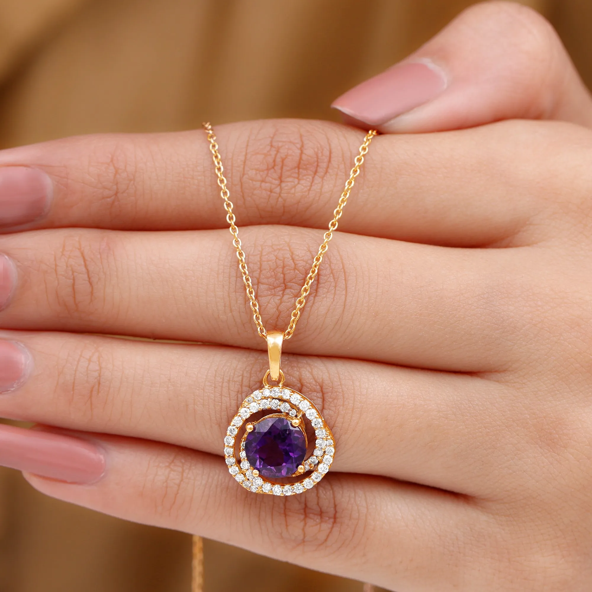 Natural Amethyst and Diamond Swirl Pendant in Gold