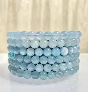 Natural Aquamarine 6mm Stone Beads, 7.5” Crystal Healing Stretch Bracelet