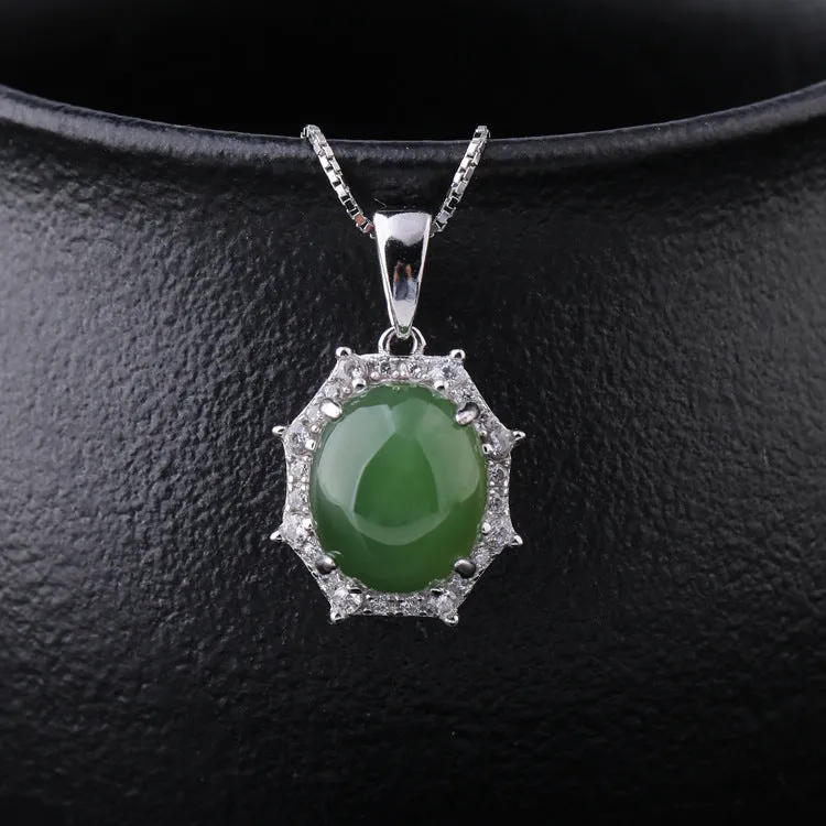 Natural Jade Pendant Nephrite Silver Zircon Pendant ZPT188