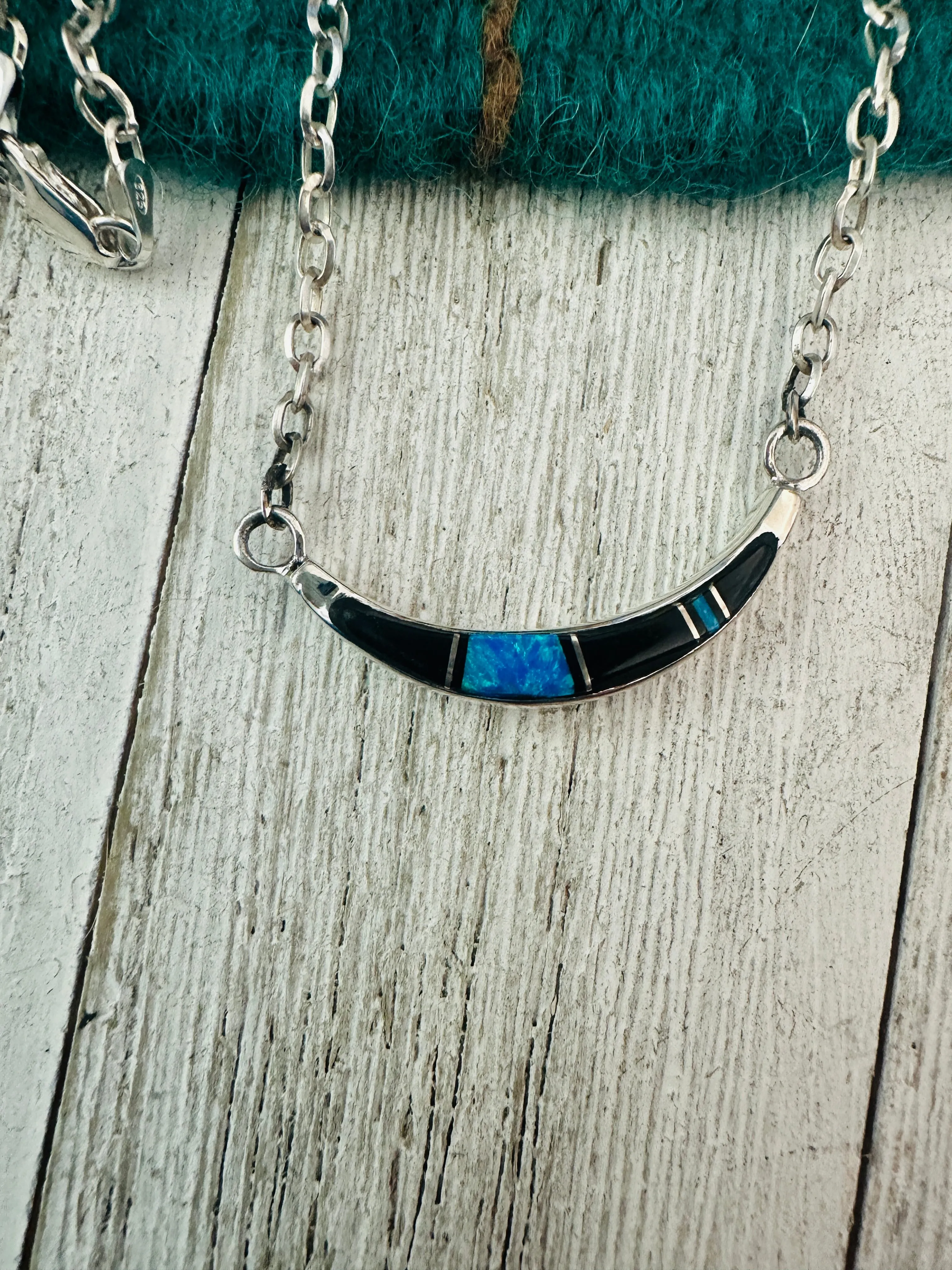 Navajo Sterling Silver, Onyx & Opal Inlay Crescent Necklace