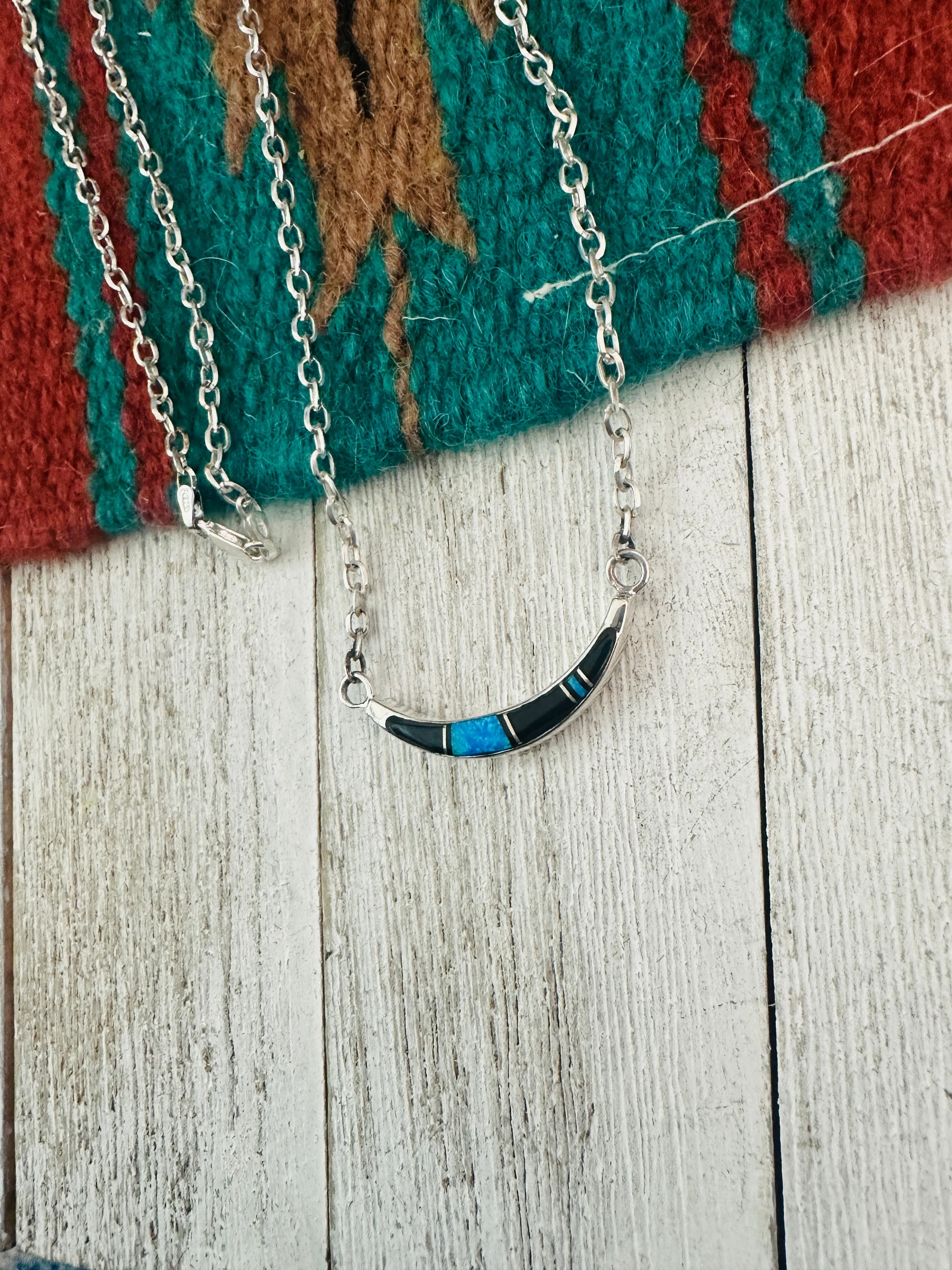 Navajo Sterling Silver, Onyx & Opal Inlay Crescent Necklace