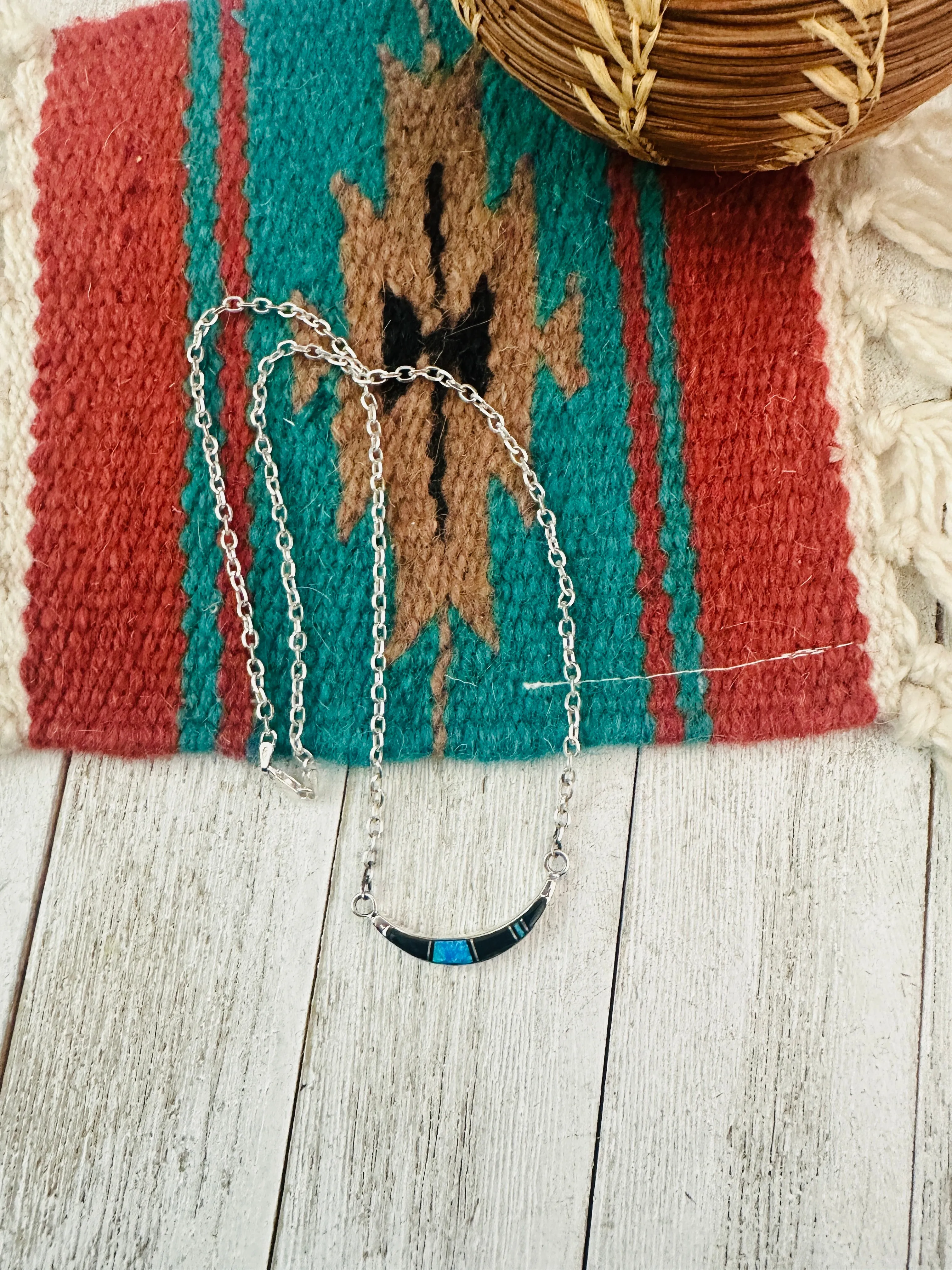 Navajo Sterling Silver, Onyx & Opal Inlay Crescent Necklace