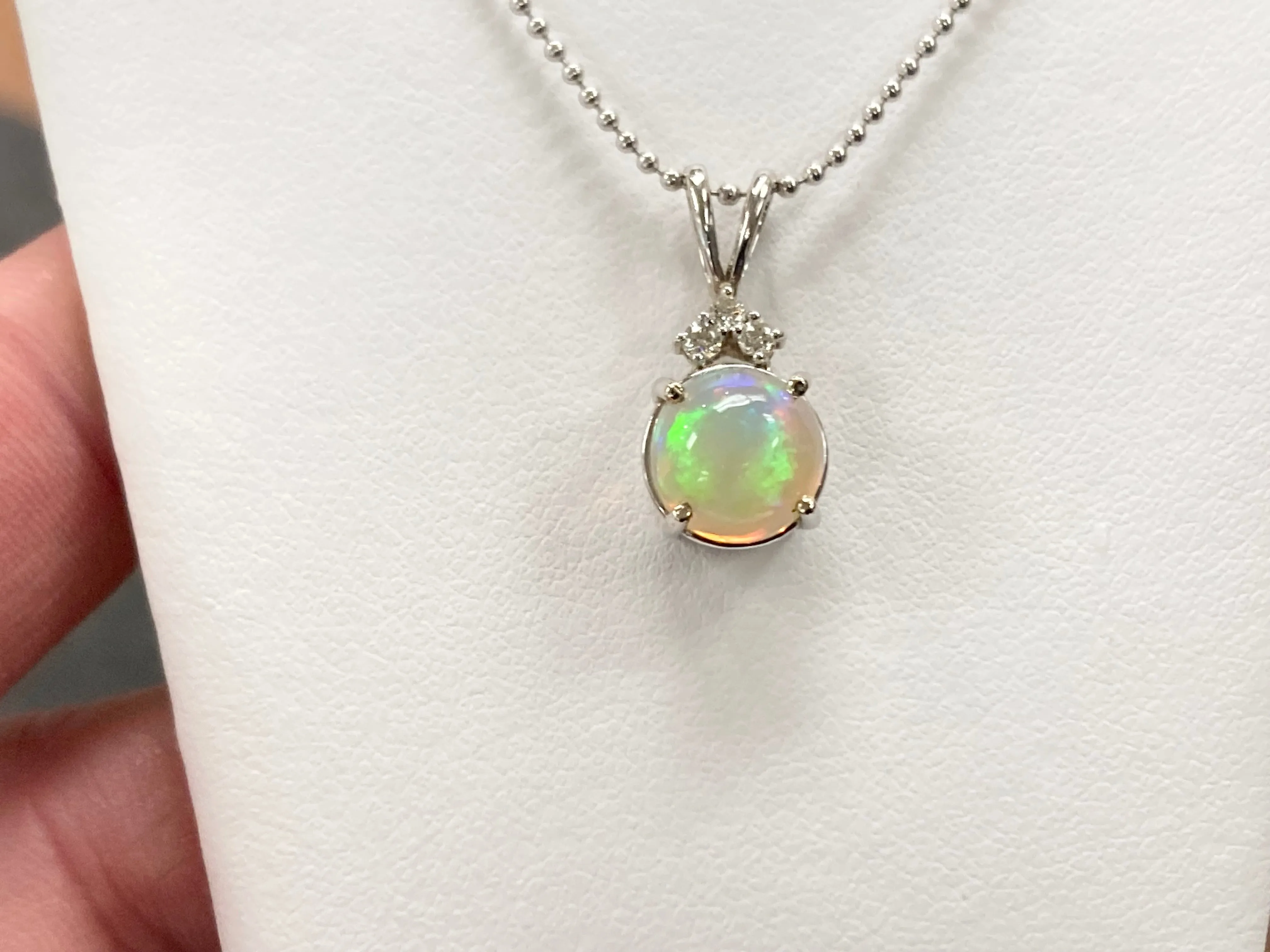 Opal And Diamond White Gold Pendant With Chain