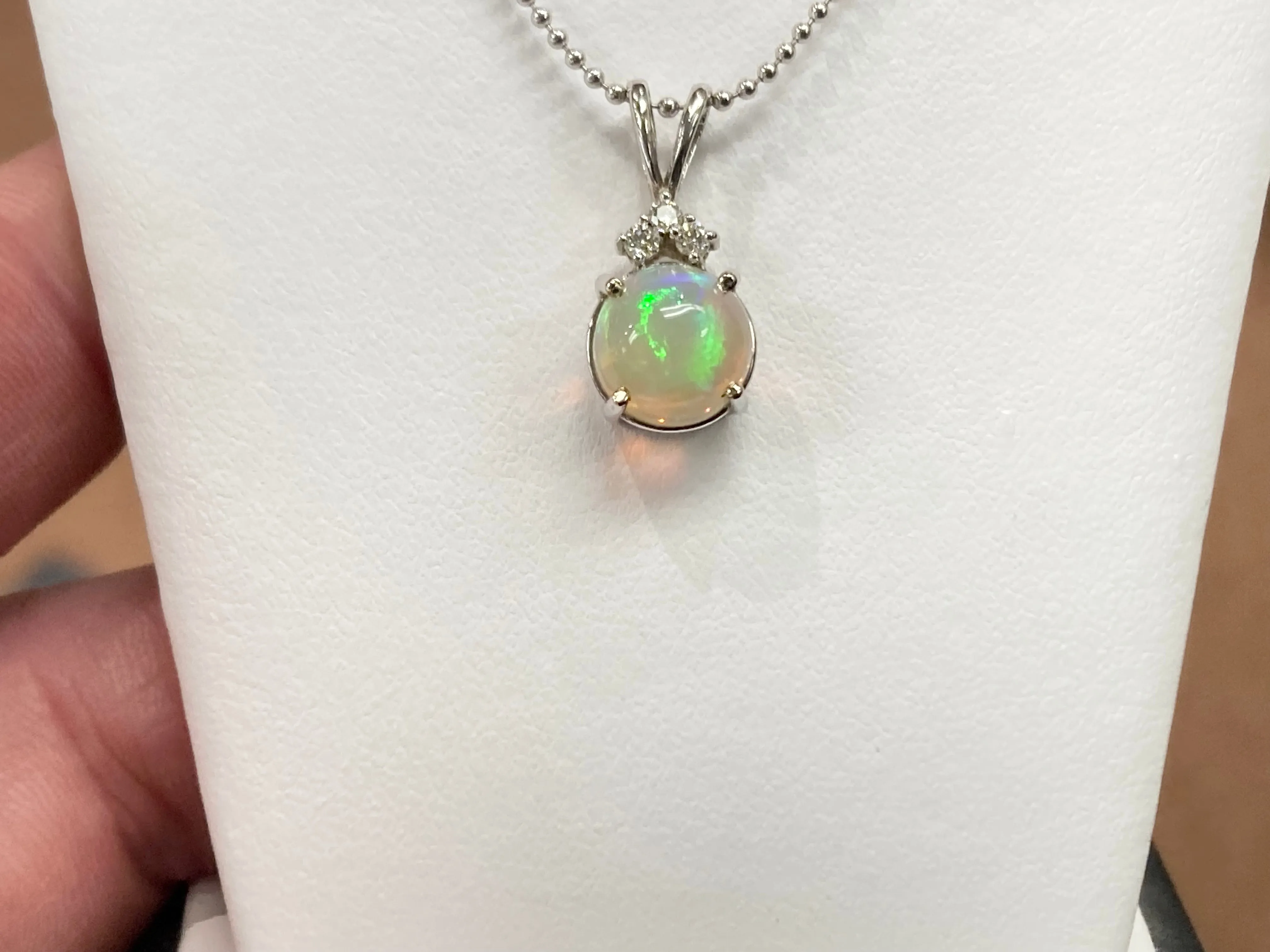 Opal And Diamond White Gold Pendant With Chain