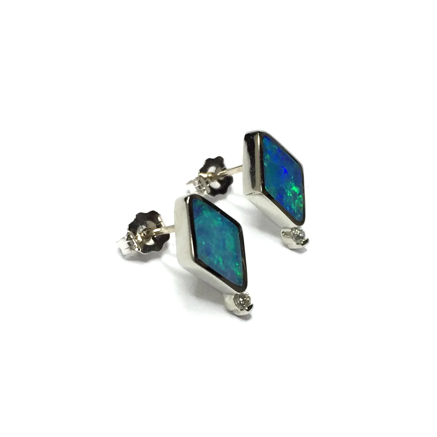 Opal Earrings Diamond Shape Inlaid Studs with .04ctw Round Diamonds