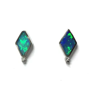 Opal Earrings Diamond Shape Inlaid Studs with .04ctw Round Diamonds