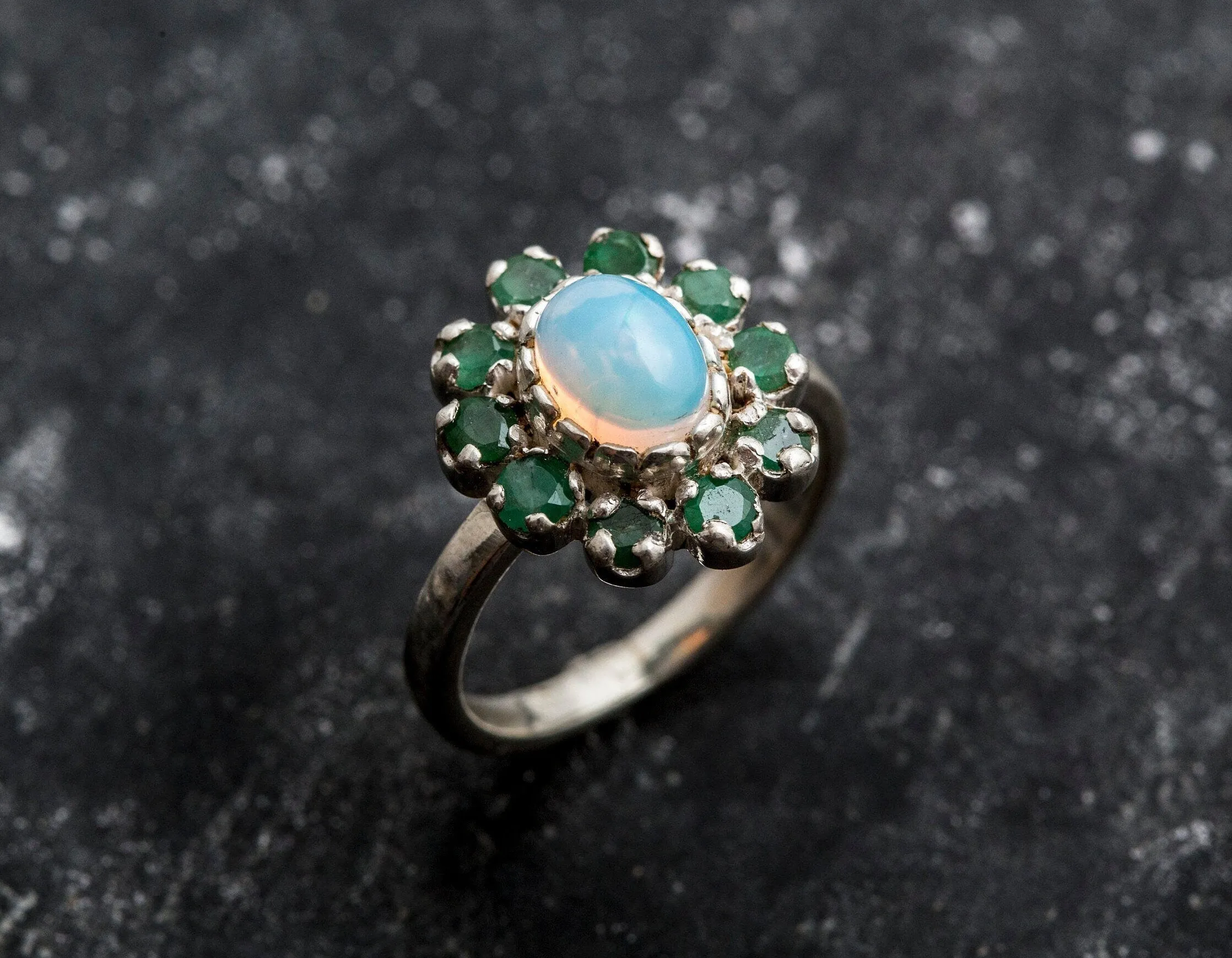 Opal Victorian Ring - Emerald Flower Ring - Vintage Opal Ring