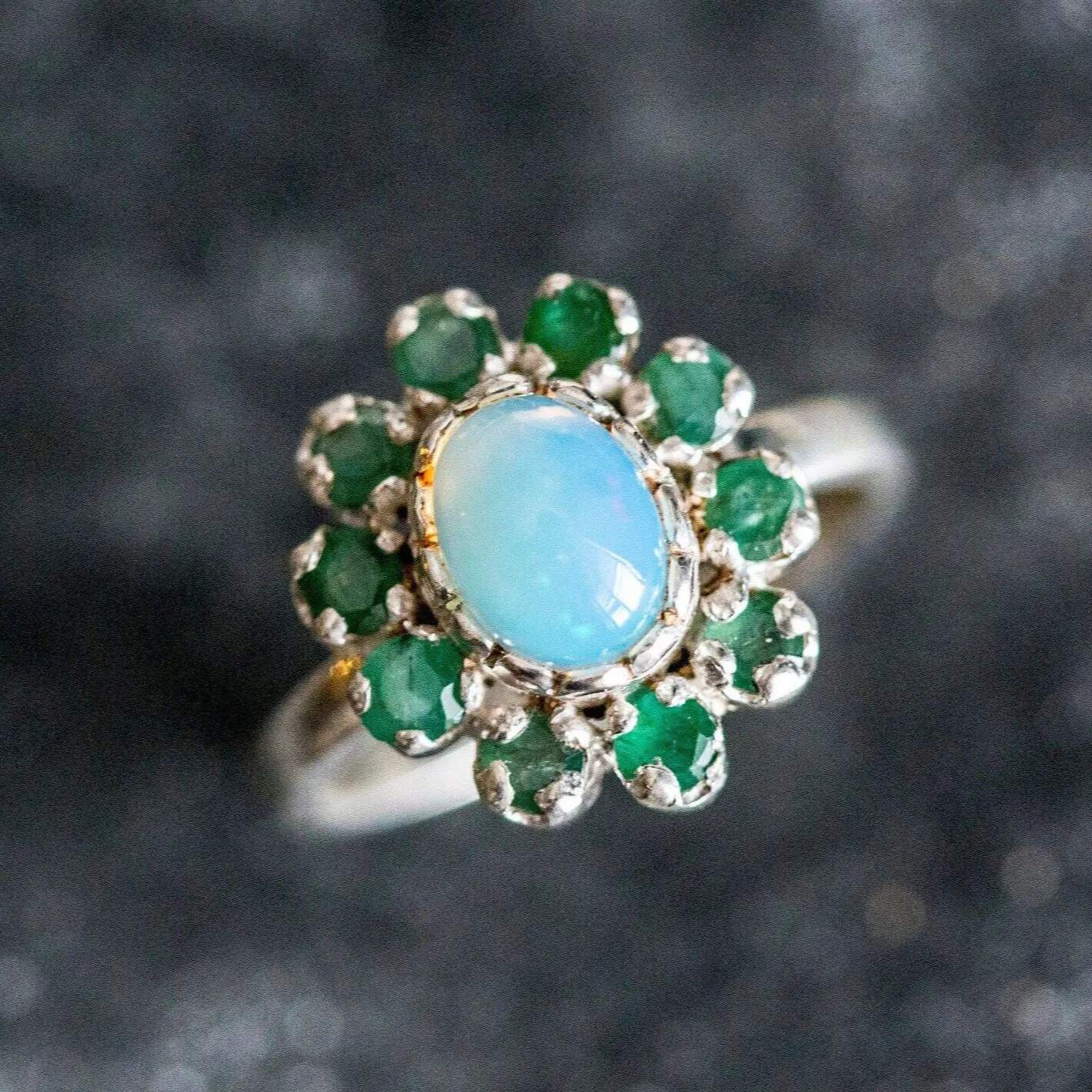 Opal Victorian Ring - Emerald Flower Ring - Vintage Opal Ring