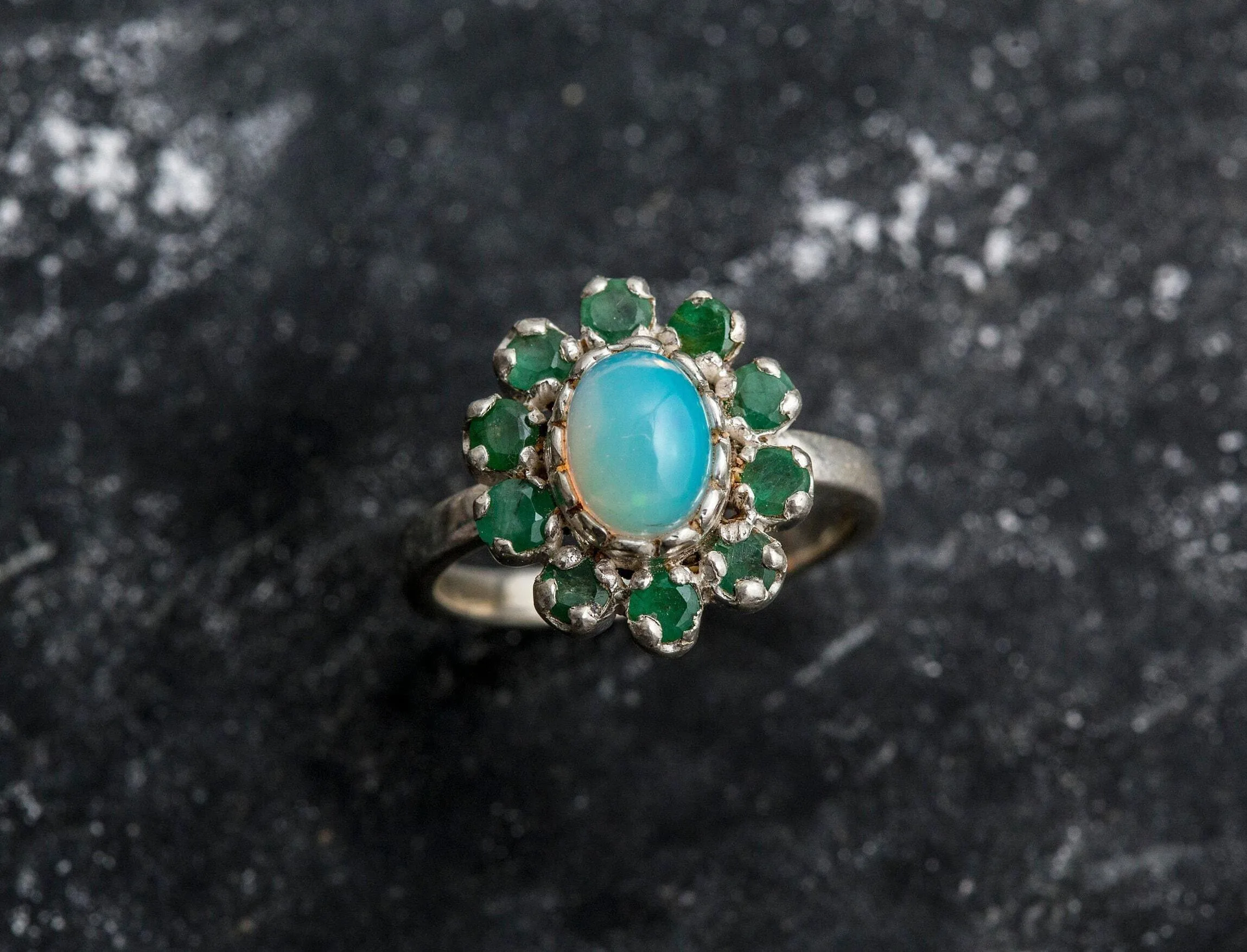 Opal Victorian Ring - Emerald Flower Ring - Vintage Opal Ring