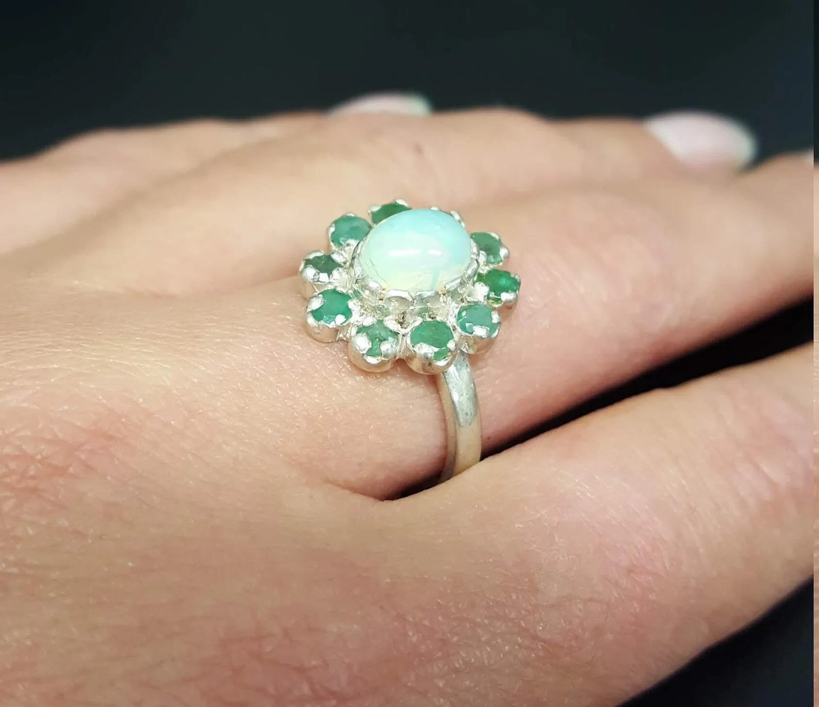 Opal Victorian Ring - Emerald Flower Ring - Vintage Opal Ring