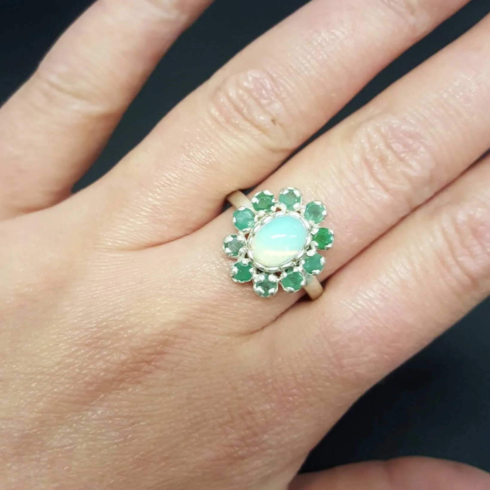 Opal Victorian Ring - Emerald Flower Ring - Vintage Opal Ring