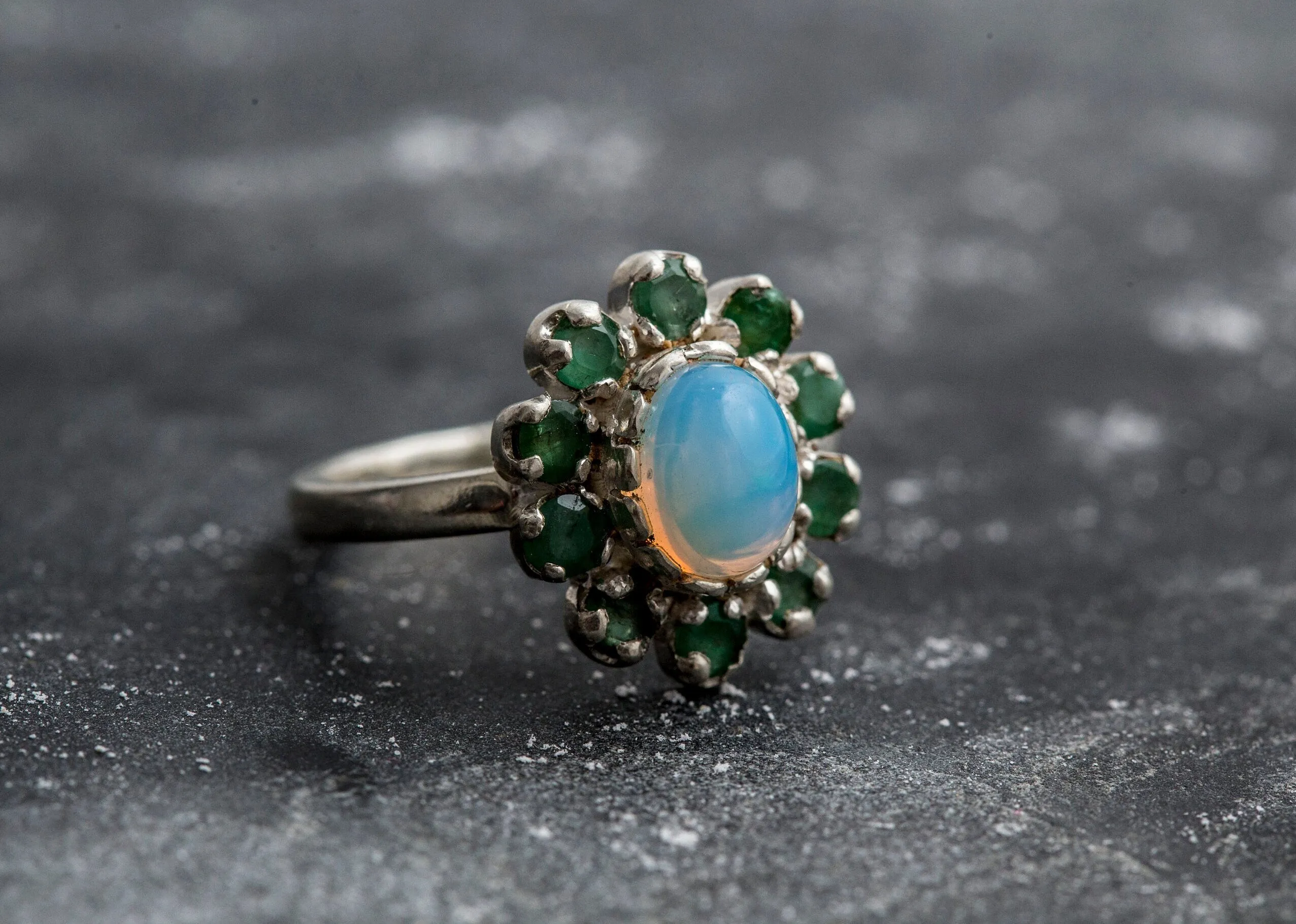 Opal Victorian Ring - Emerald Flower Ring - Vintage Opal Ring