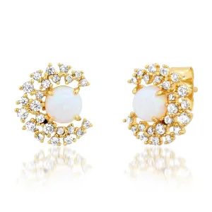 Pave CZ Opal and Crescent Stonel Stud Earrings