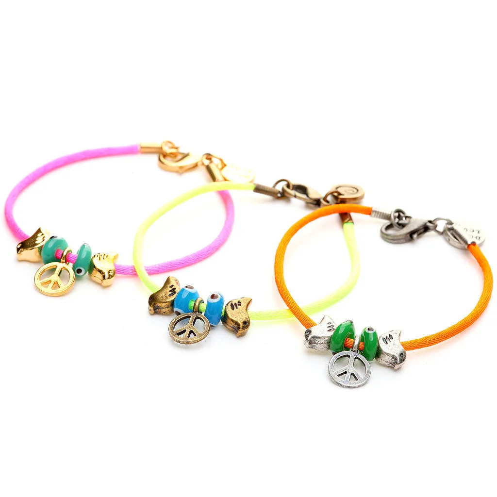 Peace Symbol and Dove Charm Satin Cord Bracelet