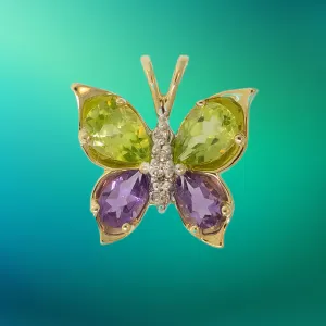 Preowned 14K Yellow Gold Peridot, Amethyst & Diamond Butterfly Pendant