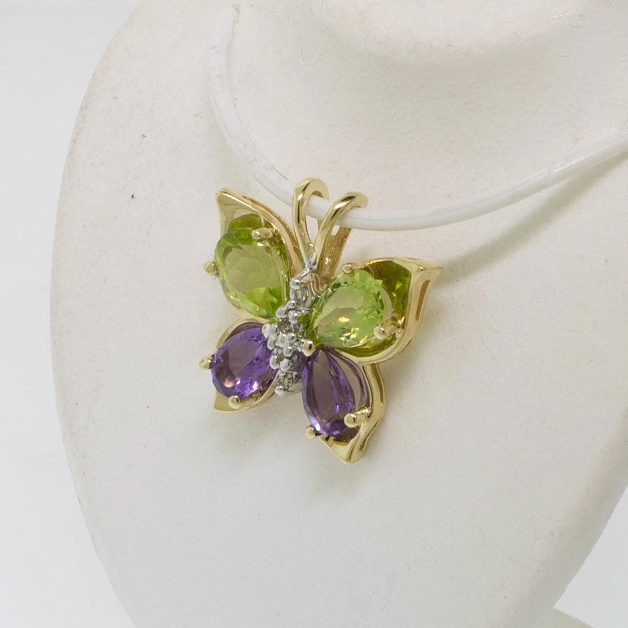 Preowned 14K Yellow Gold Peridot, Amethyst & Diamond Butterfly Pendant