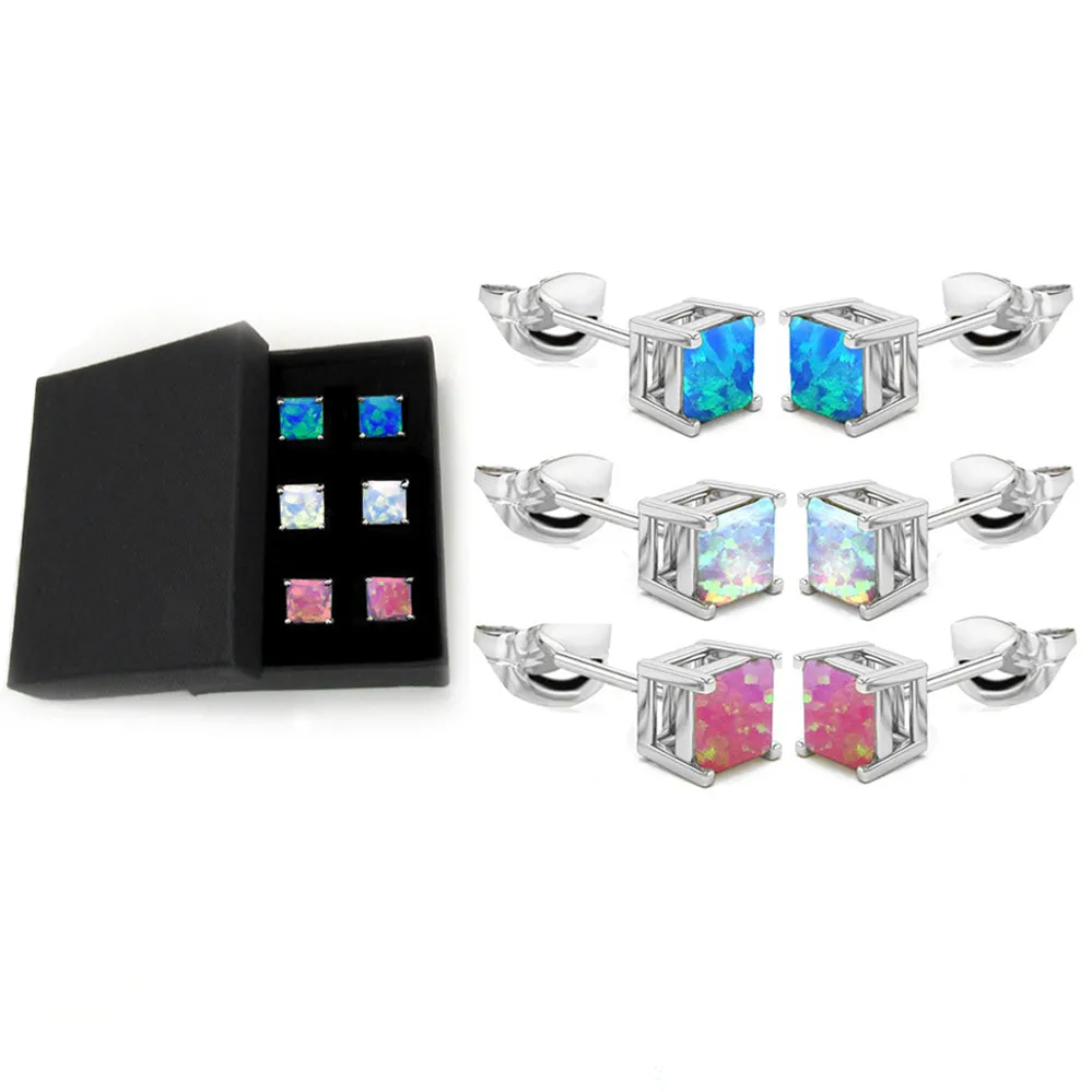 "Set of 3 Opal Princess Cut Sterling Silver Stud Earrings Gift Box 6.00 CTTW"