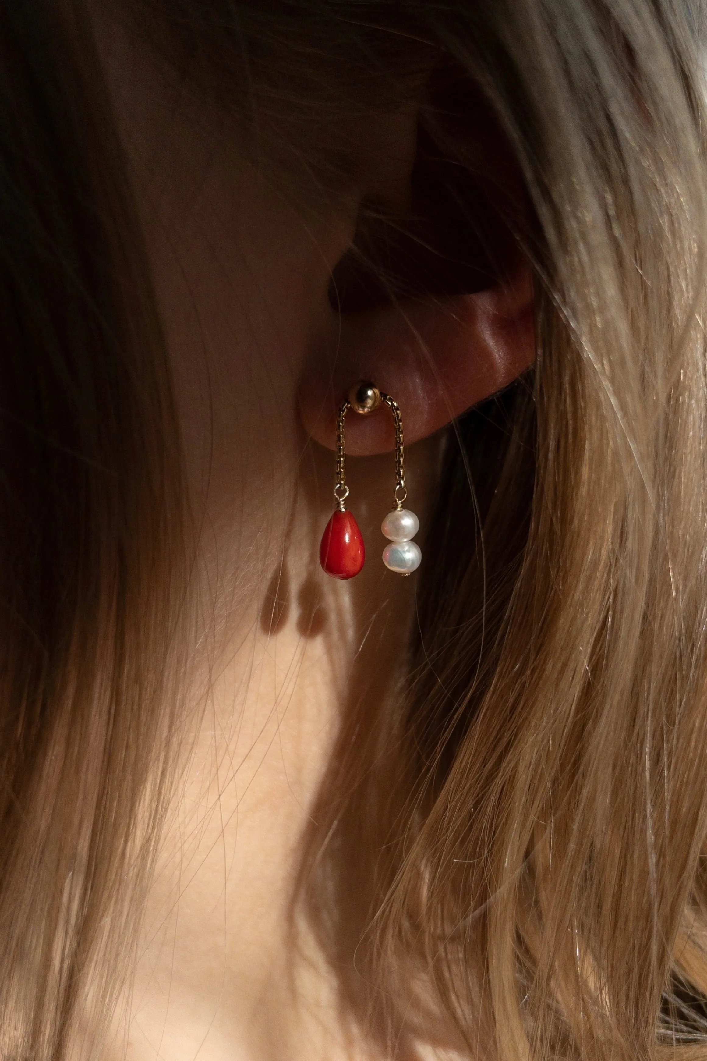 Red Coral Earrings with Two Freshwater White Pearls