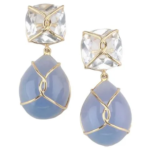 Rock Crystal and Blue Topaz Gold Wrapped Drop Earrings