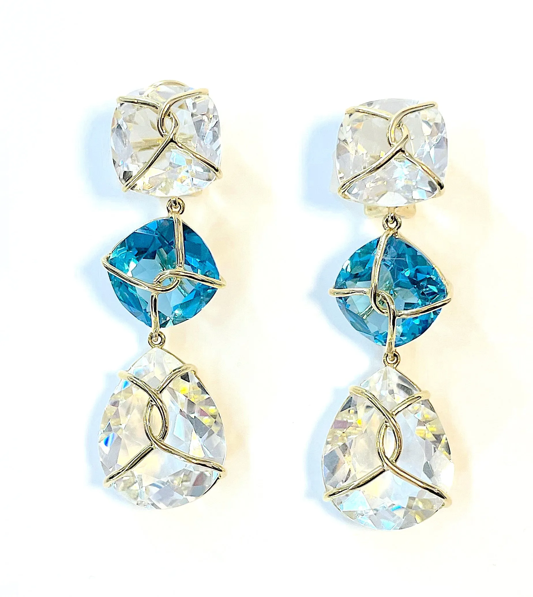 Rock Crystal and Blue Topaz Gold Wrapped Drop Earrings