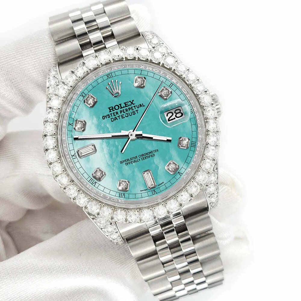 Rolex Datejust 116200 36mm 4CT Diamond Bezel/Lugs/Aquamarine MOP 6 9 Baguette TFJ-142508627