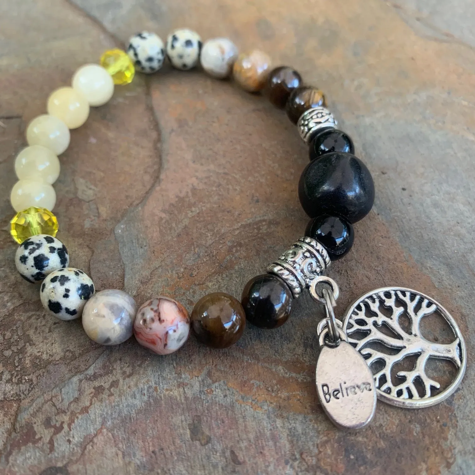 Shungite Amplified SOLAR PLEXUS Chakra Bracelet ~ Tree of Life and BELIEVE Charms  ~ Medium [#26]