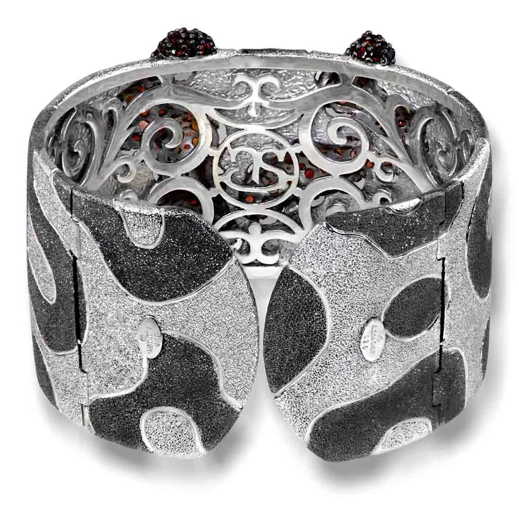 Silver Cora Pattern Cuff Bracelet with Red Garnet