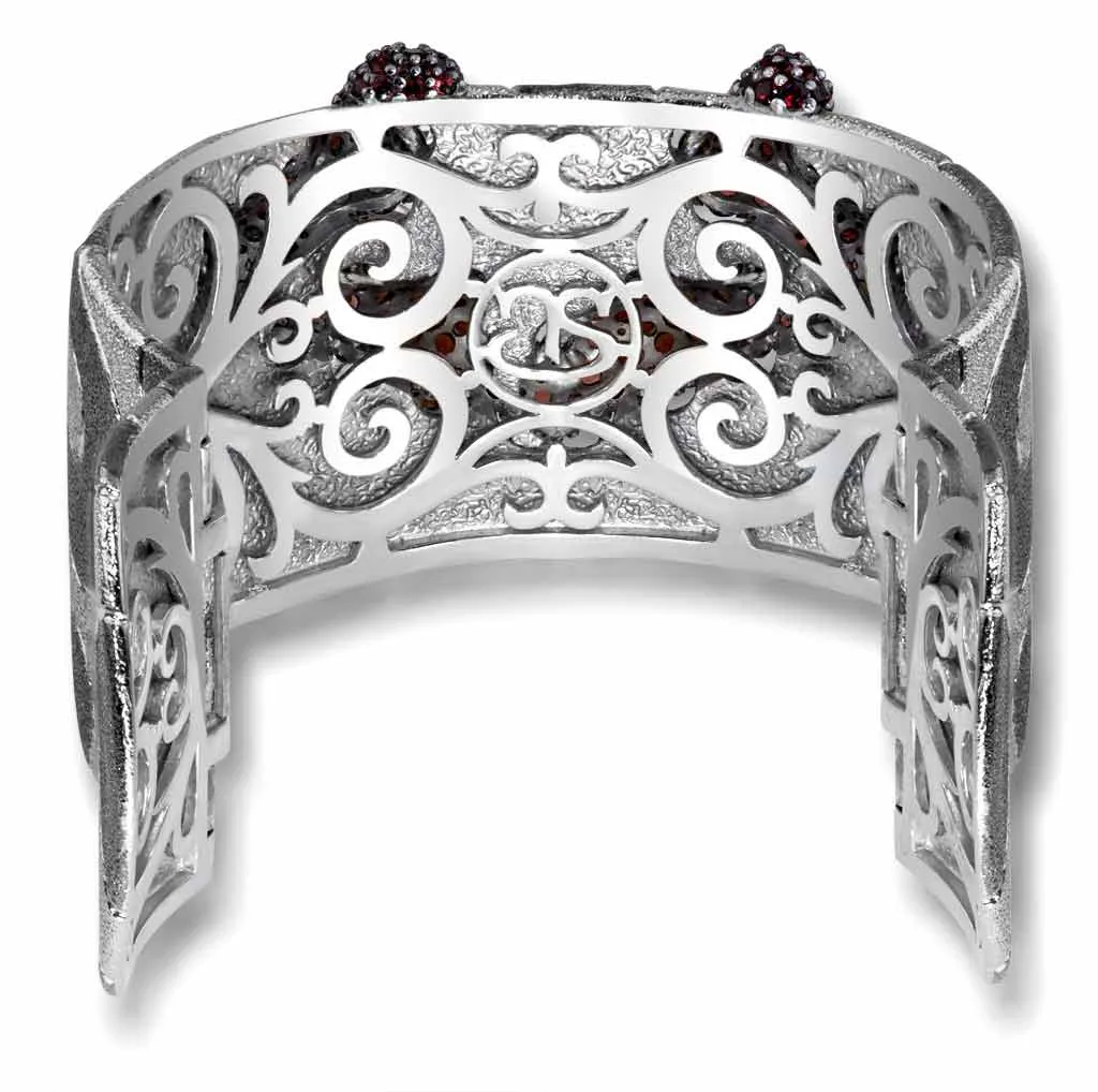 Silver Cora Pattern Cuff Bracelet with Red Garnet