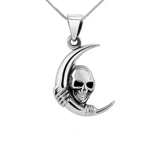 Silver Crescent Moon Skull Pendant with Chain Necklace Men And Women