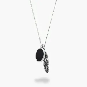 Silver Necklace With Feather And Matte Onyx Charm