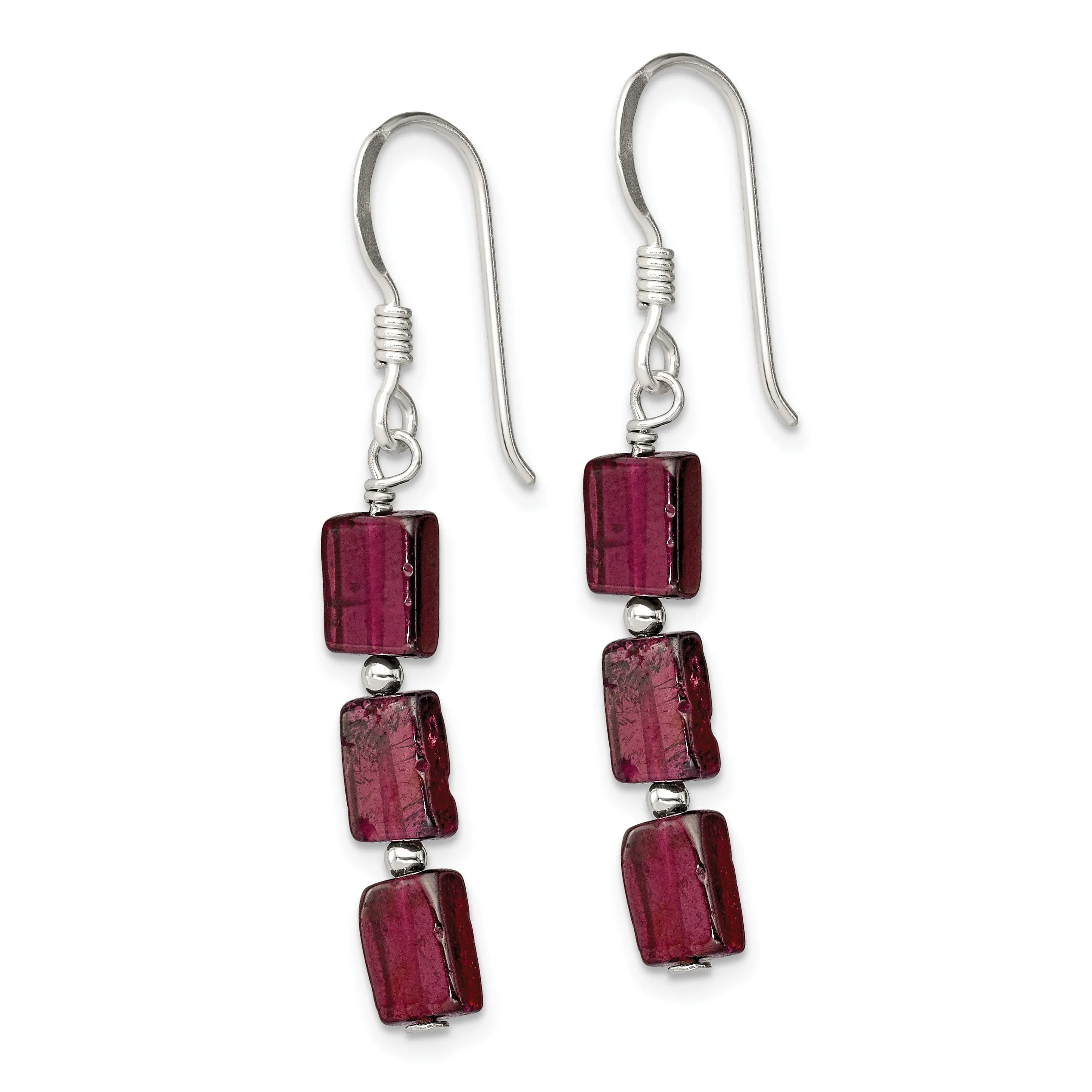 Silver Three Stone Garnet Dangle Earrings