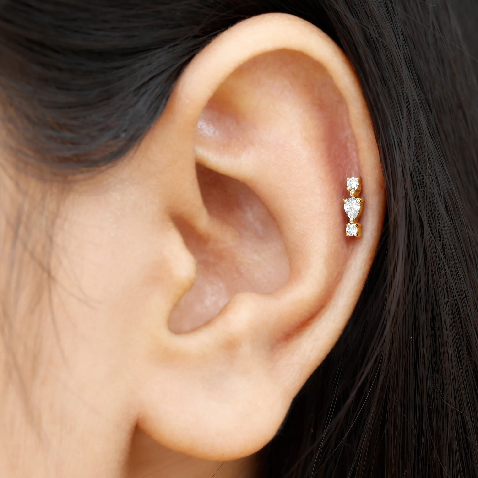 Simple Three Diamond Cartilage Earring with Flat Back