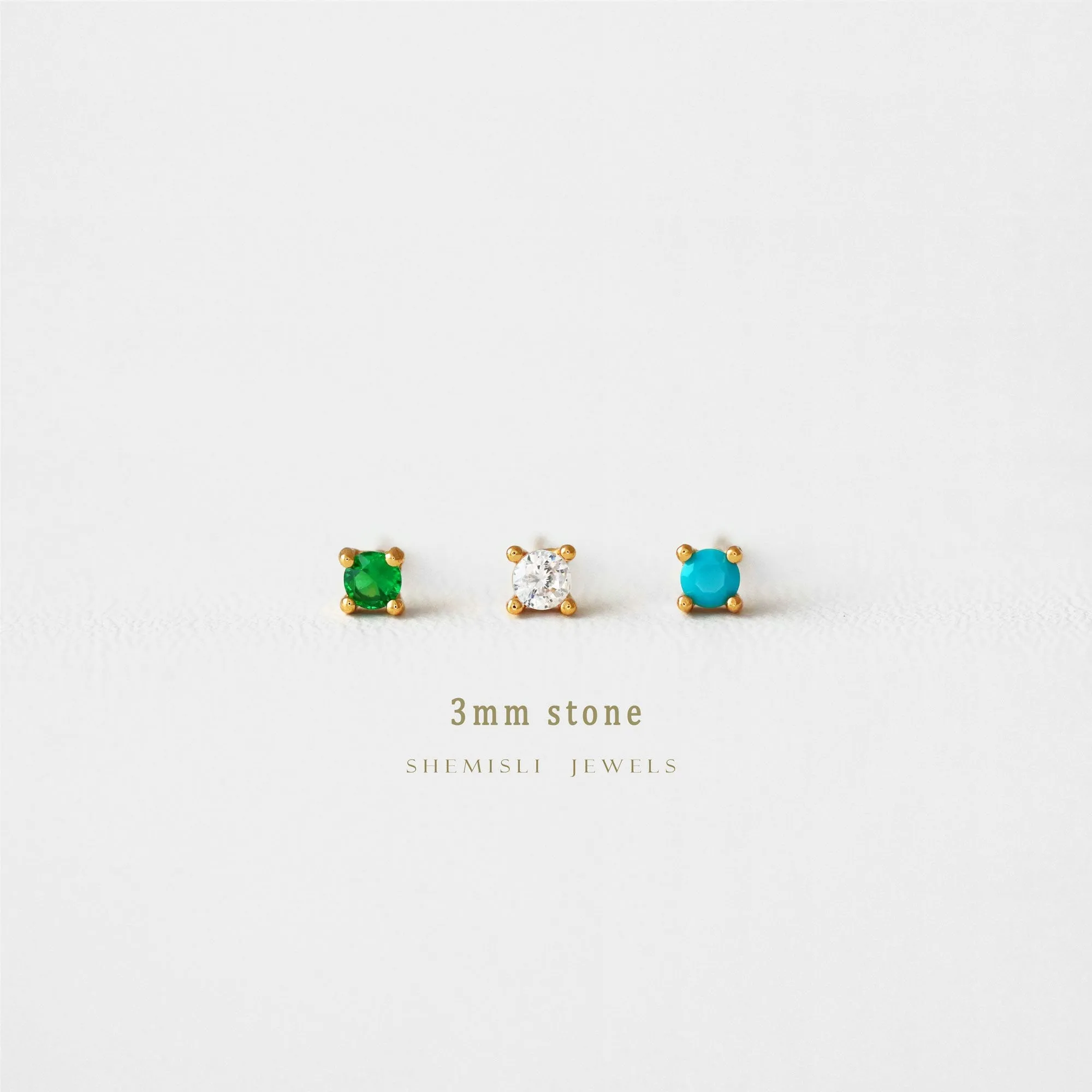 Small 3mm CZ Studs, White, Emerald, Turquoise, Unisex, Gold, Silver SHEMISLI - SS073, SS087, SS091