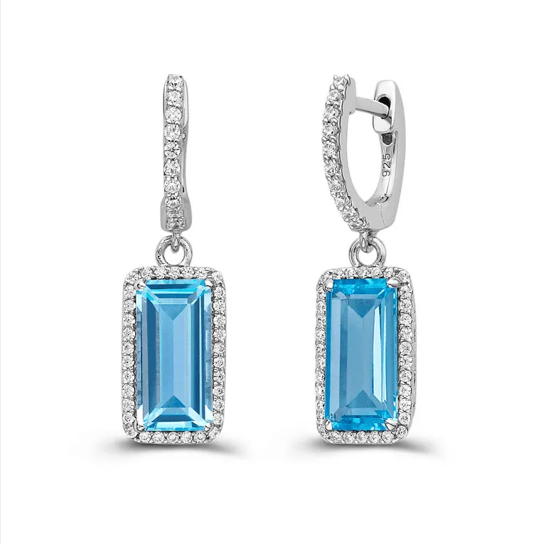 Sterling Silver Blue Topaz Simulated Diamond Halo Horseshoe Dangle Earrings