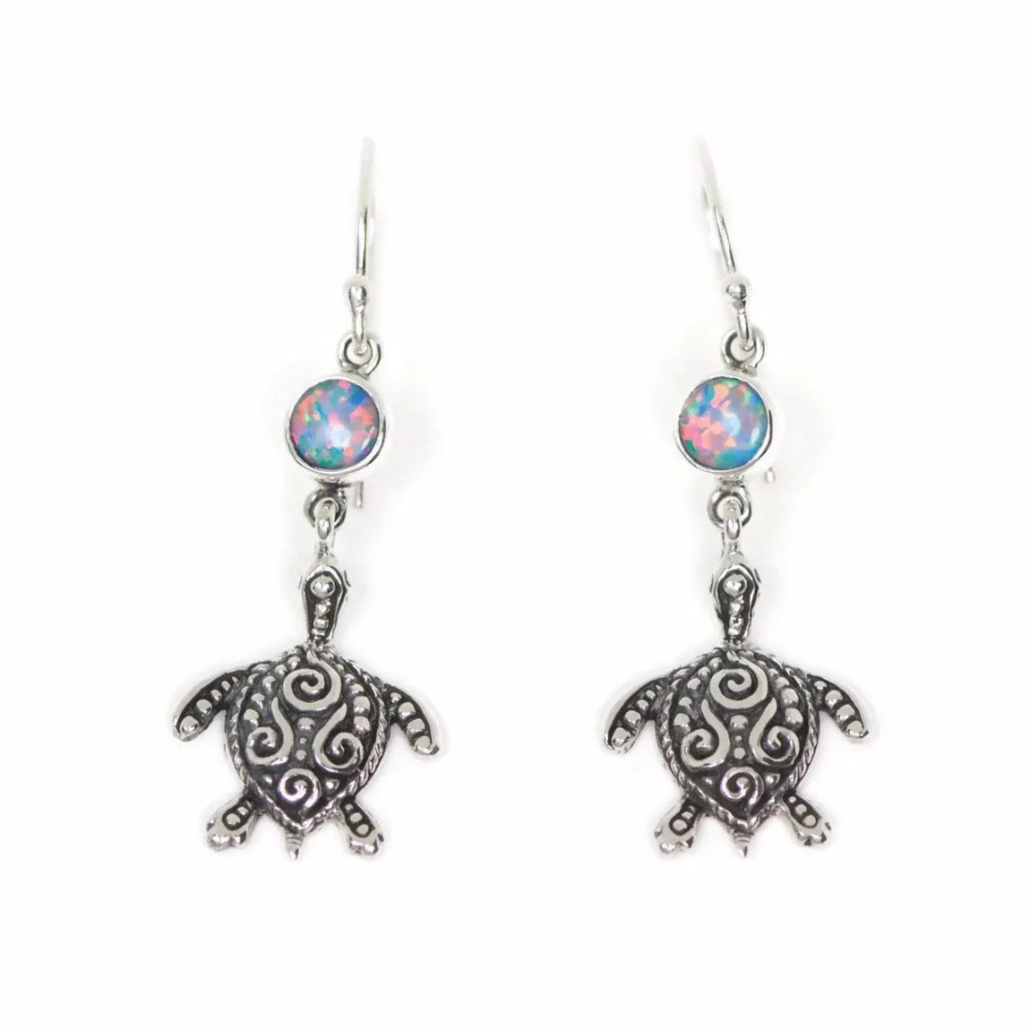 Sterling Silver Filigree Turtle and Opal Dangle Earrings