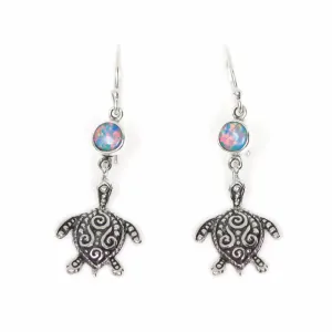 Sterling Silver Filigree Turtle and Opal Dangle Earrings