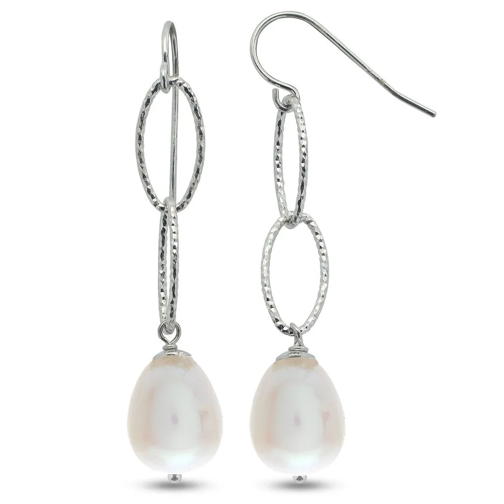 Sterling Silver Freshwater Pearl Station Oval Earrings w/ 8.5 -- 9.0 mm Pearls