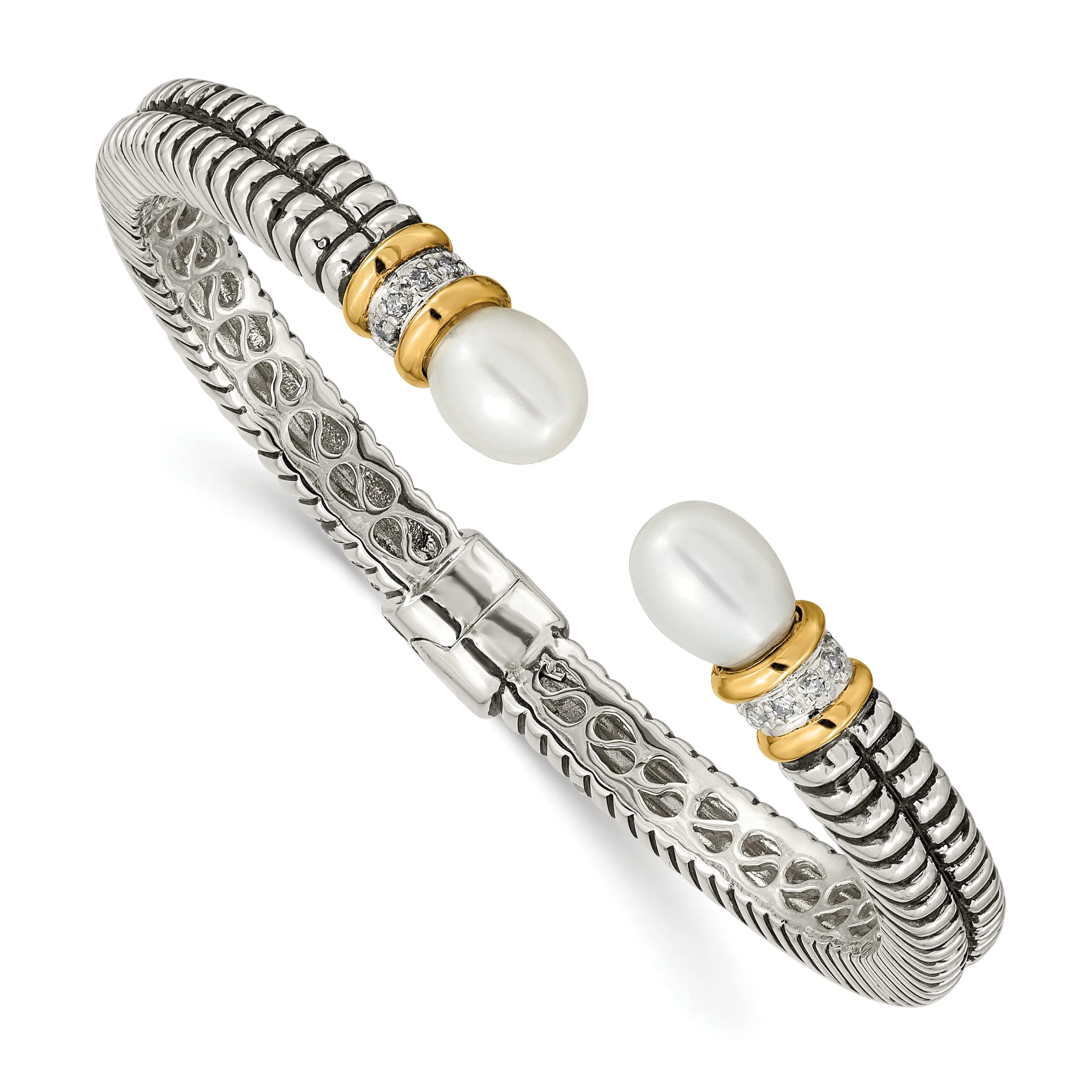 Sterling Silver wGold Pearl Diamond Cuff Bracelet