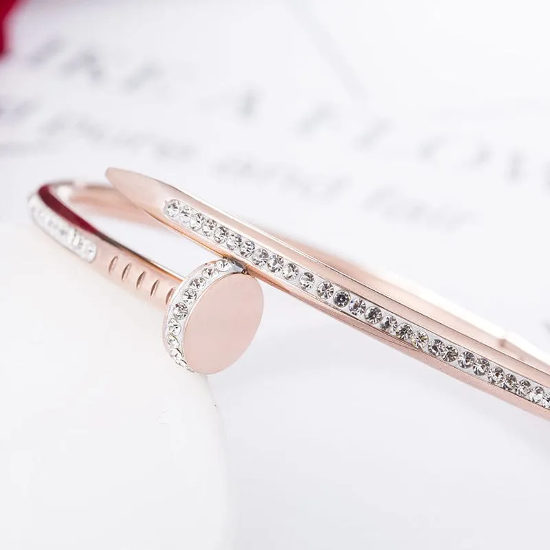 Stunning Nail Bangle Bracelet-Hinged with Cubic Zirconia Stainless Steel, 18K Gold Plated