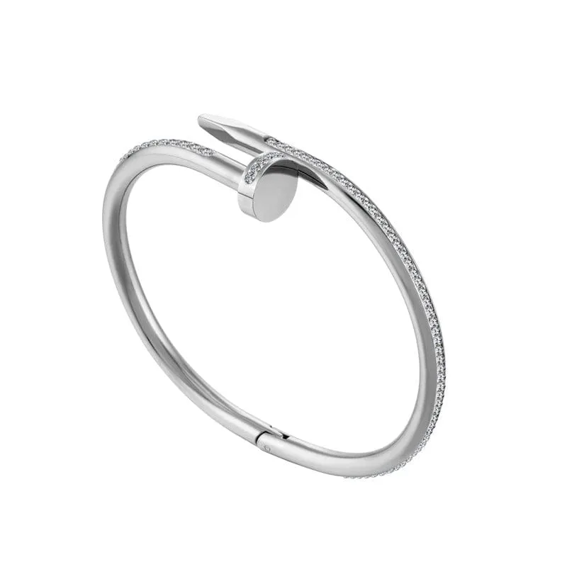 Stunning Nail Bangle Bracelet-Hinged with Cubic Zirconia Stainless Steel, 18K Gold Plated