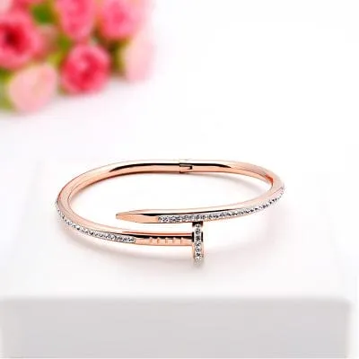 Stunning Nail Bangle Bracelet-Hinged with Cubic Zirconia Stainless Steel, 18K Gold Plated