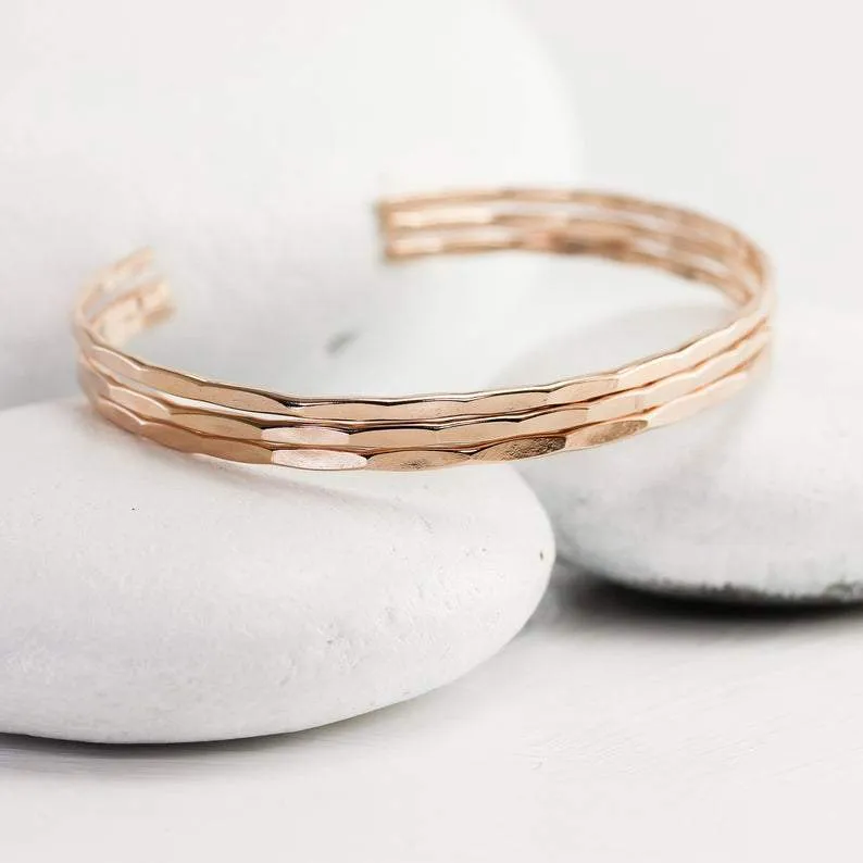 Thin Hammered 14K Rose Gold Cuff Bracelet