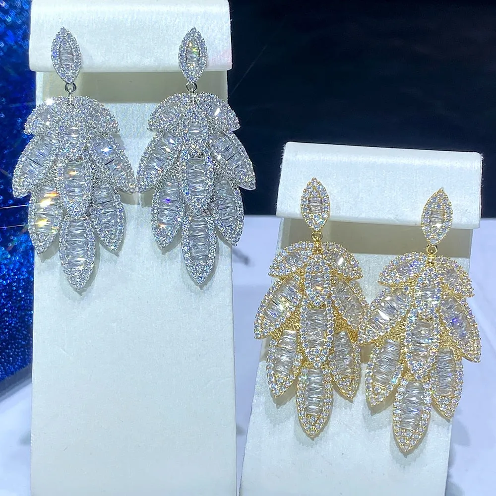 Trendy Leaf Dangle Earrings Cubic Zirconia Micro Setting Jewelry