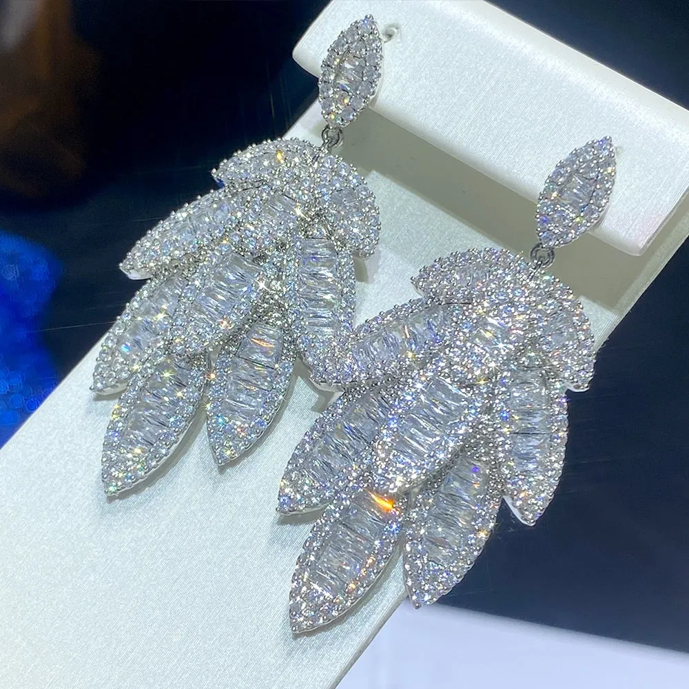 Trendy Leaf Dangle Earrings Cubic Zirconia Micro Setting Jewelry