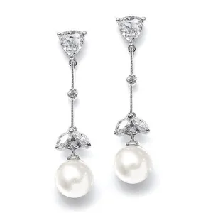 Trillion Dangle Pearl Bridal Earrings