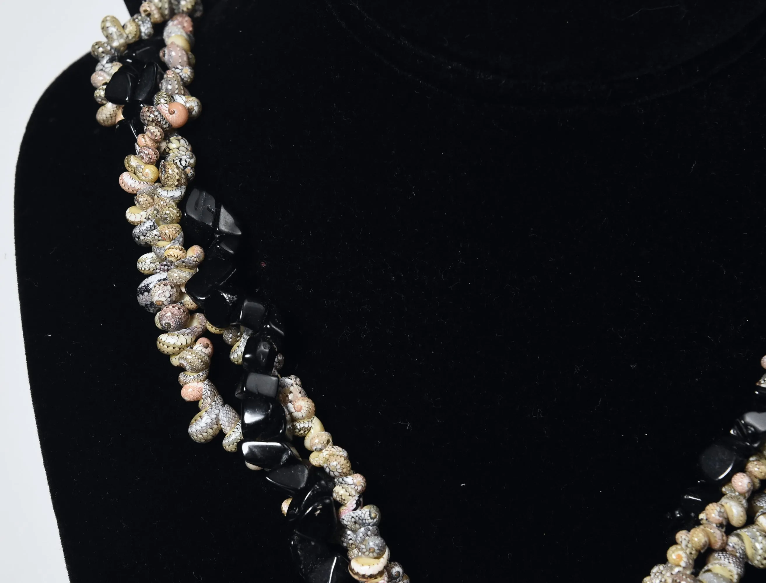 Triple Strand Shell and Black Onyx Necklace with Black Onyx Pendant